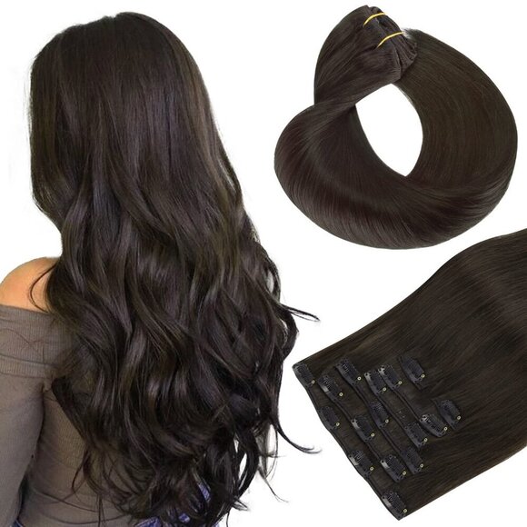 Other - Human Hair Extensions Dark Brown Straight Clip in 14 Inch 7 pcs 120g